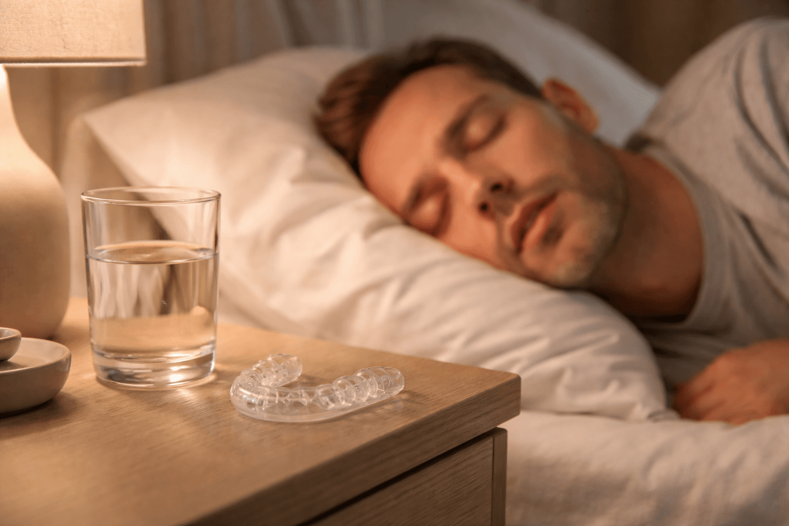 Szyna relaksacyjna na szafce nocnej obok śpiącej osoby - leczenie bruksizmu w EBM Dentysta Poznań