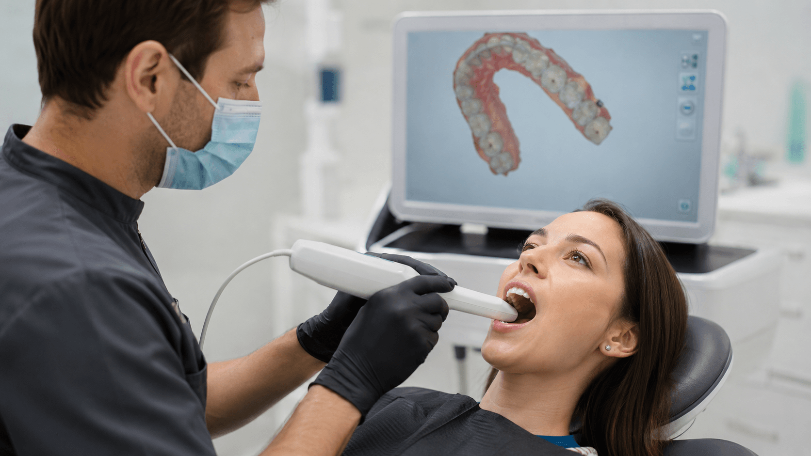 Dentysta używający skanera wewnątrzustnego podczas diagnostyki 3D w gabinecie EBM Dentysta przy ul. Mateckiego 19 w Poznaniu Piątkowo