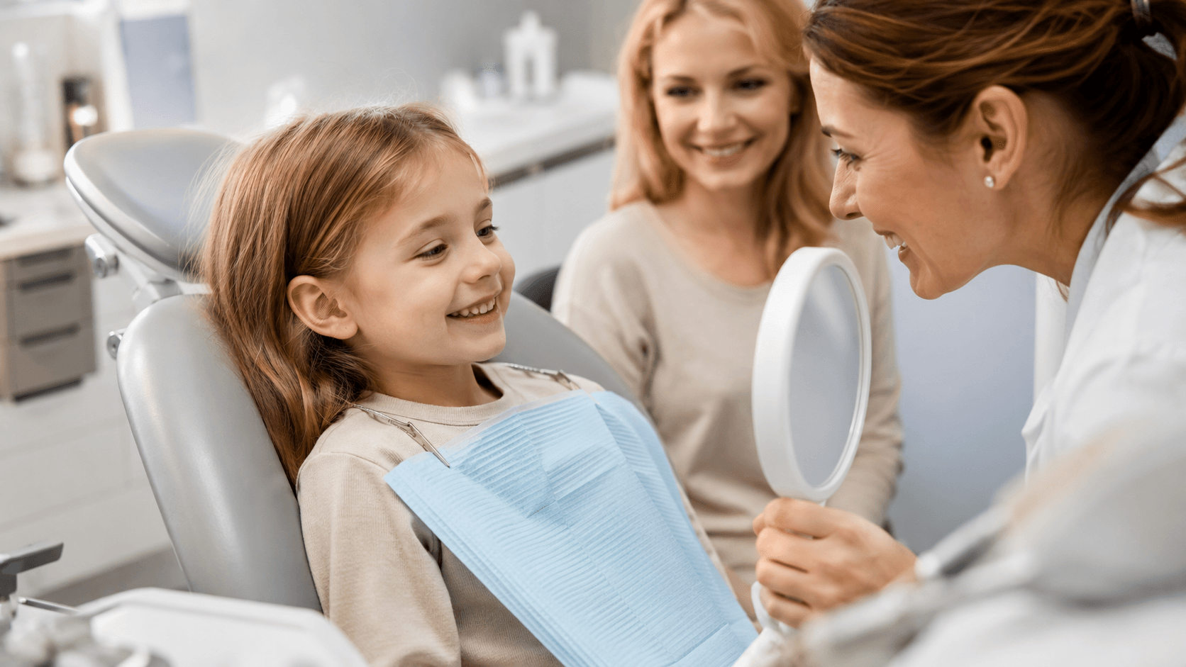 Małe dziecko na fotelu dentystycznym podczas wizyty adaptacyjnej w EBM Dentysta Poznań Piątkowo ul. Mateckiego 19