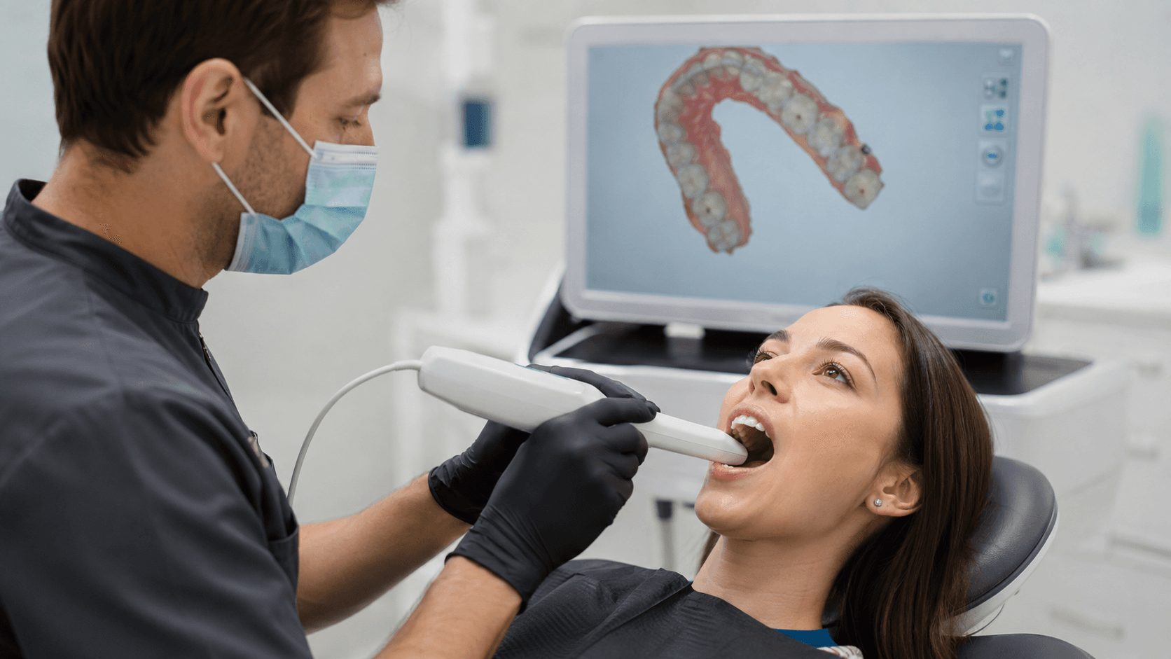 Dentysta używający skanera wewnątrzustnego podczas diagnostyki 3D w gabinecie EBM Dentysta przy ul. Mateckiego 19 w Poznaniu Piątkowo